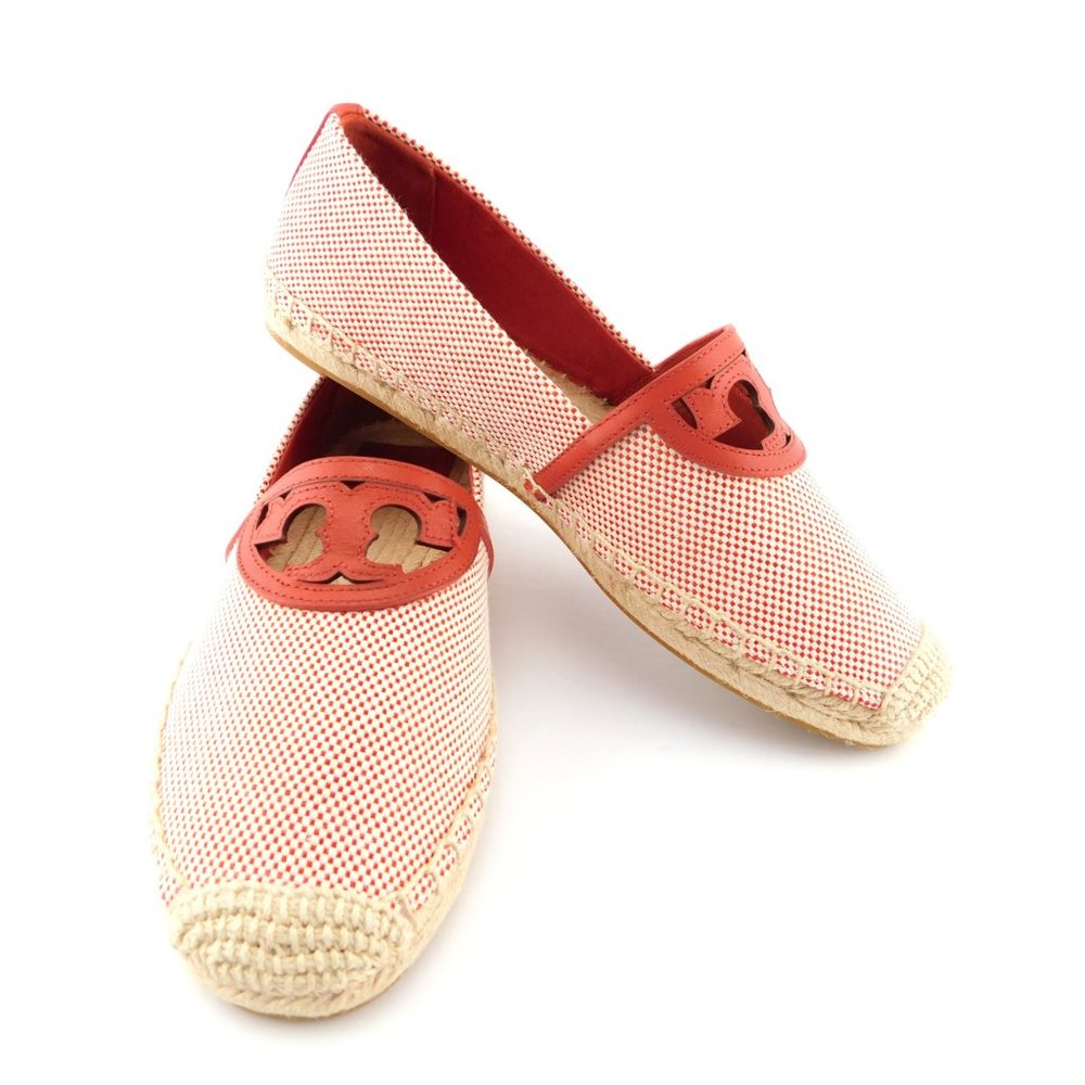 New TORY BURCH Rusty Red Logo Canvas Slip-on Flat Espadrilles 7.5